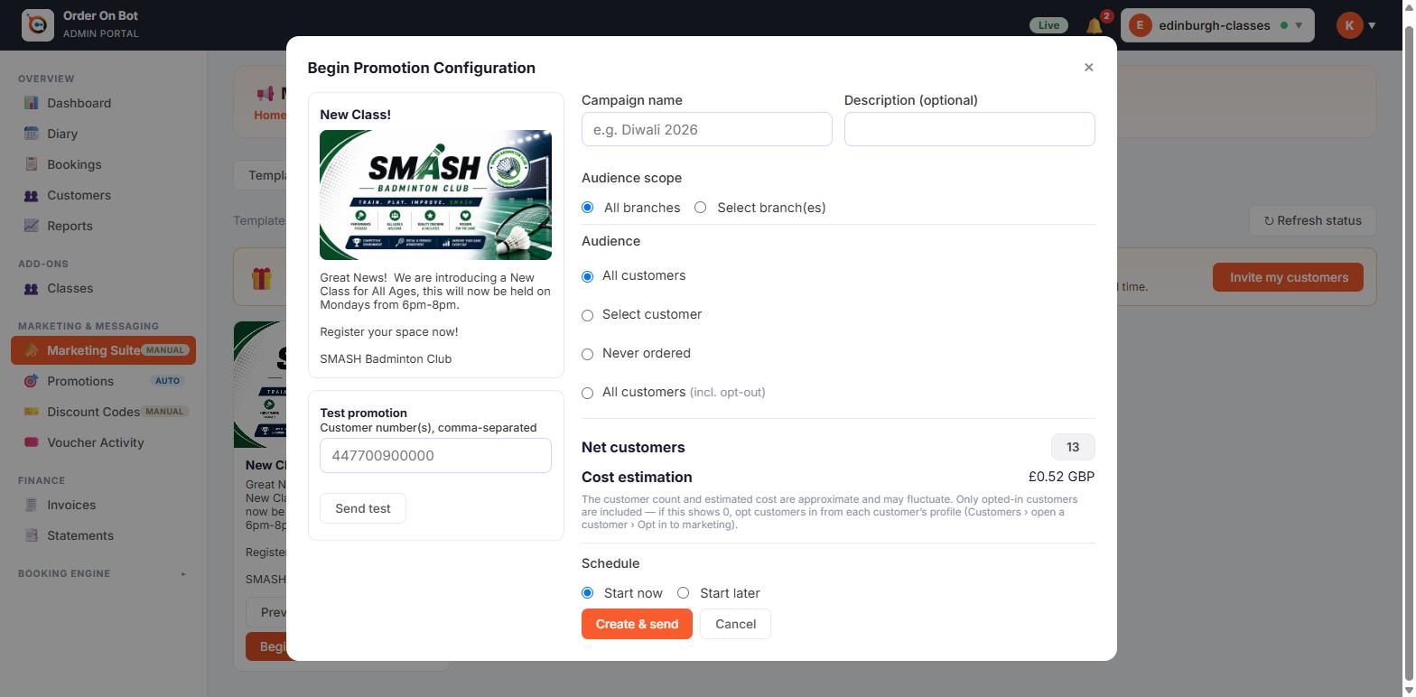 Order On Bot campaign composer — target an audience and send a WhatsApp broadcast.